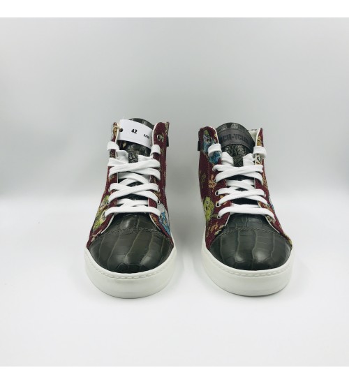 Handmade shoes Red Owl Gobelin and Green Coco Leather